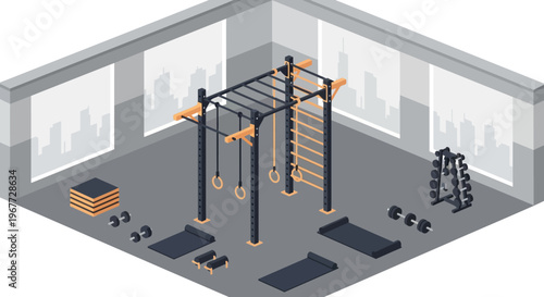 Isometric Crossfit Gym Interior with Functional Training Equipment.