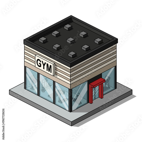 Isometric Gym Building Illustration with Modern Design and Fitness Signage.