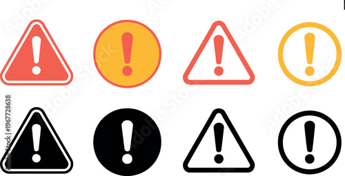 Warning icon set with triangular caution signs and exclamation marks representing danger alert, safety notice and hazard illustration