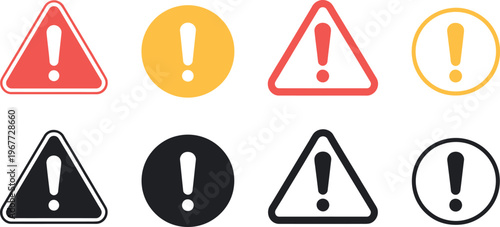 Warning icon set with triangular caution signs and exclamation marks representing danger alert, safety notice and hazard illustration