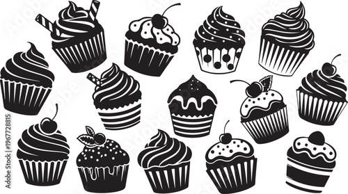 Black and White Cupcake Illustrations in Various Decorative Styles