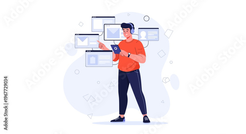 Man with headphones using tablet, surrounded by digital screens and interfaces