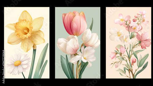 Spring set of the cutest cards, posters for the spring holiday with wildflowers, Narcissus flower, tulips, daisies. Hand drawn Floral art templates for Womens Day, birthday, Mothers Day, Easter decor 