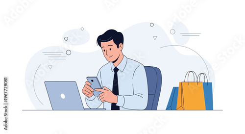 Man Using Smartphone and Laptop for Online Shopping with Shopping Bags