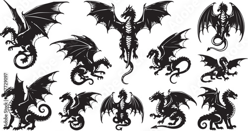 Collection of various dragon silhouettes in different poses flying