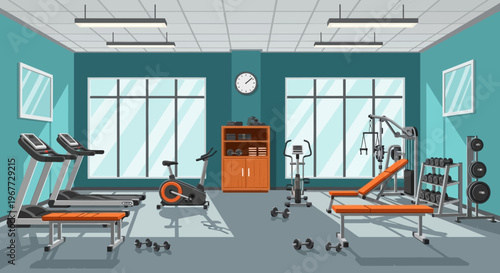 Modern Gym Interior with Exercise Equipment and Large Windows.