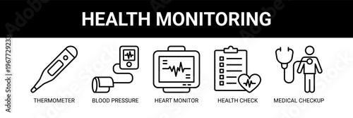 Health Monitoring web banner icon vector illustration concept with icons of thermometer, blood pressure monitor, heart monitor, health check, and medical checkup.