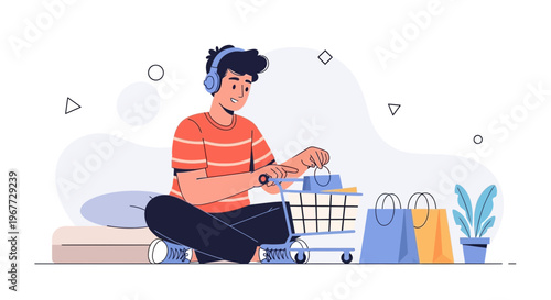 Young man with headphones shopping online with a cart and bags, illustration