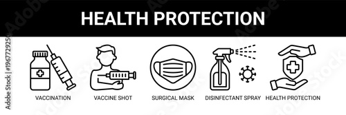 Health Protection web banner icon vector illustration concept with icons of vaccination, vaccine shot, surgical mask, disinfectant spray, and health protection.