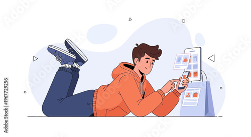 Young man lying on floor, browsing online shopping on smartphone and tablet