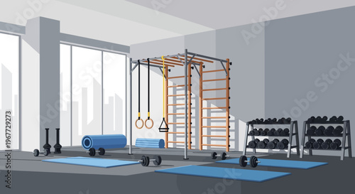 Modern Gym Interior with Various Fitness Equipment for Training and Workout.