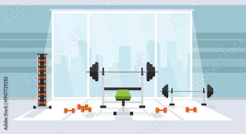Modern Gym Interior with Weightlifting Equipment and Dumbbells.