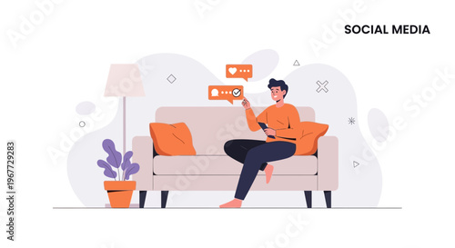 Man sitting on couch using smartphone, social media notifications, likes and checkmarks