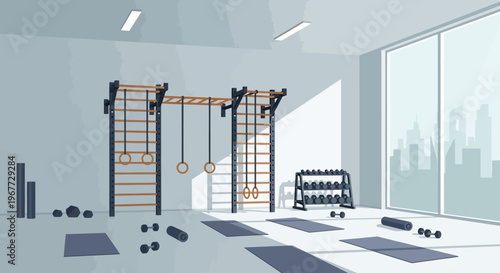 Modern Gym Interior with Gymnastic Rings and Wall Bars for Fitness Training.