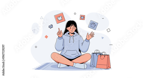 Young Woman Choosing Clothes Online, Shopping Bags, Fashion Icons, Online Shopping Concept