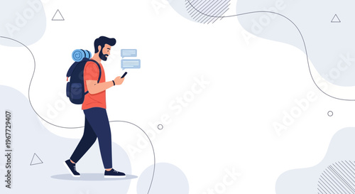 Bearded man with backpack texting on phone while walking, travel concept