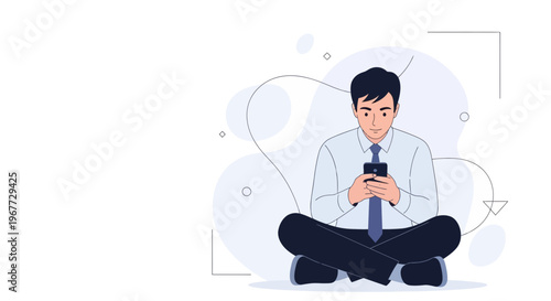 Young businessman using smartphone while sitting cross-legged, modern abstract background