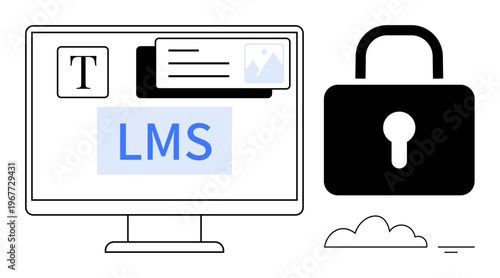 Learning Management System. LMS on a computer screen next to a security lock s digital security in online education. LMS protects user data and educational resources. For e-learning safety