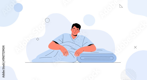 Man feeling unwell, lying in bed with blanket, illustration