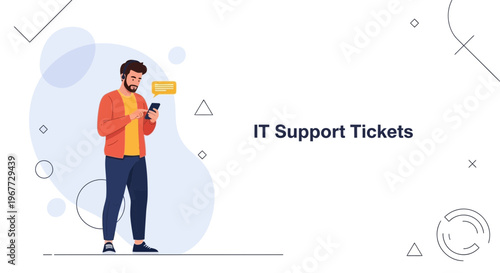 IT Support Tickets Concept: Man Using Smartphone for Technical Assistance