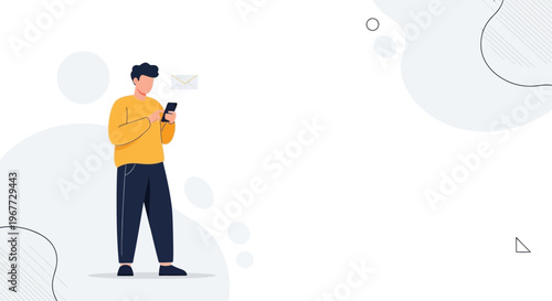 Man Using Smartphone, Receiving Email Notification, Modern Flat Illustration