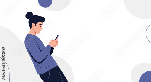 Young man in casual clothes using smartphone, modern abstract background