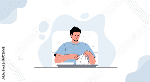 Man Folding Laundry, Domestic Chores, Flat Design Illustration