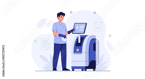 Doctor using advanced medical equipment with digital interface in clinic