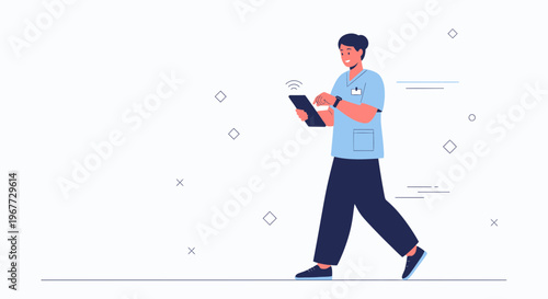 Doctor walking with tablet, medical technology, healthcare innovation, digital health