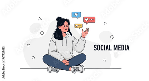 Young Woman Interacting with Social Media Notifications, Likes, and Hearts