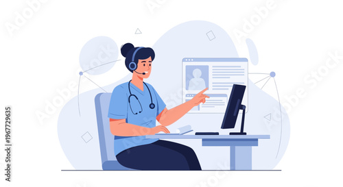 Doctor with headset and stethoscope working on computer, telemedicine concept