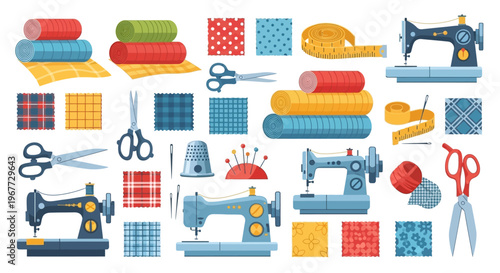 Sewing and Tailoring Supplies Collection with Machines and Fabrics.