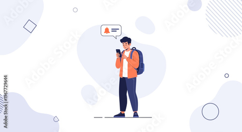Young man with backpack checking smartphone for notifications, modern abstract background