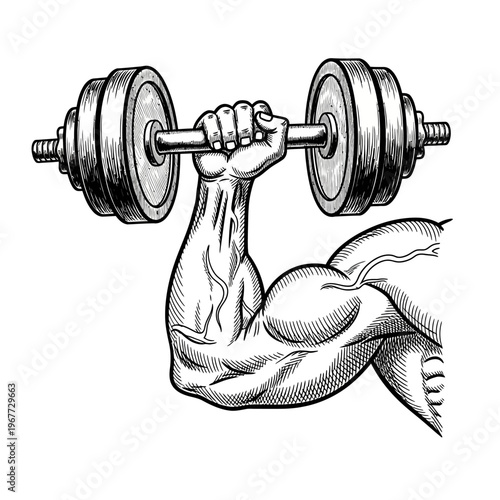 Strong Arm Lifting Dumbbell in Detailed Engraving Style.