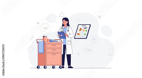 Doctor with medical cart and tablet showing diet plan, healthy lifestyle concept