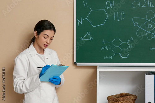 Female inventor writing on ...