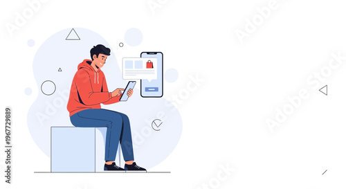 Man using tablet for online shopping, mobile commerce concept, modern illustration