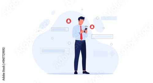 Man in business attire using smartphone, receiving notifications, abstract background