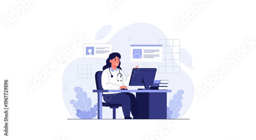 Doctor working on computer in office, medical records and patient info on screen