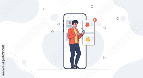 Man Browsing Online Shopping App on Smartphone, E-commerce Concept