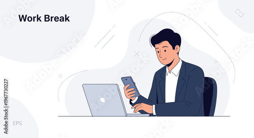 Young businessman taking a break from work, using his phone while sitting at a laptop.