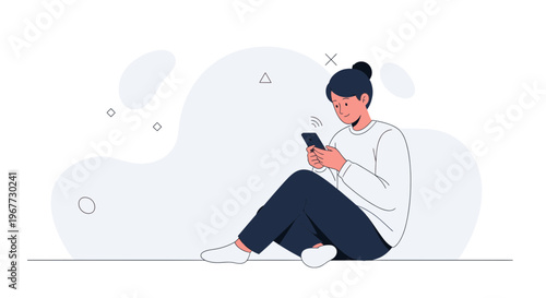 Young person sitting on floor, using smartphone, abstract background, minimalist illustration