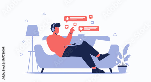 Man Relaxing on Sofa with Laptop, Engaging with Social Media Notifications