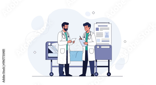 Doctors discussing patient case near hospital bed and medical chart, flat illustration