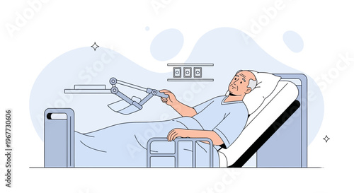Elderly Man in Hospital Bed Using Robotic Arm for Rehabilitation