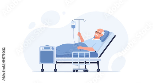 Elderly man in hospital bed with IV drip, medical care, recovery concept