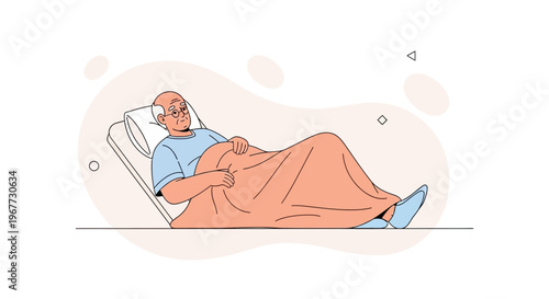 Elderly Man Lying in Hospital Bed Covered with Blanket, Resting