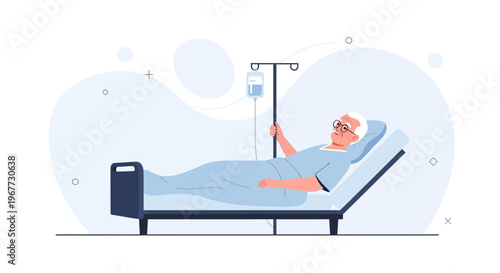 Elderly man in hospital bed with IV drip, medical care, recovery, and treatment concept