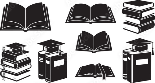 Graduation caps and books education icons set in black