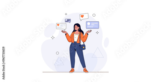 Woman juggling social media notifications, likes, and messages with a confused expression